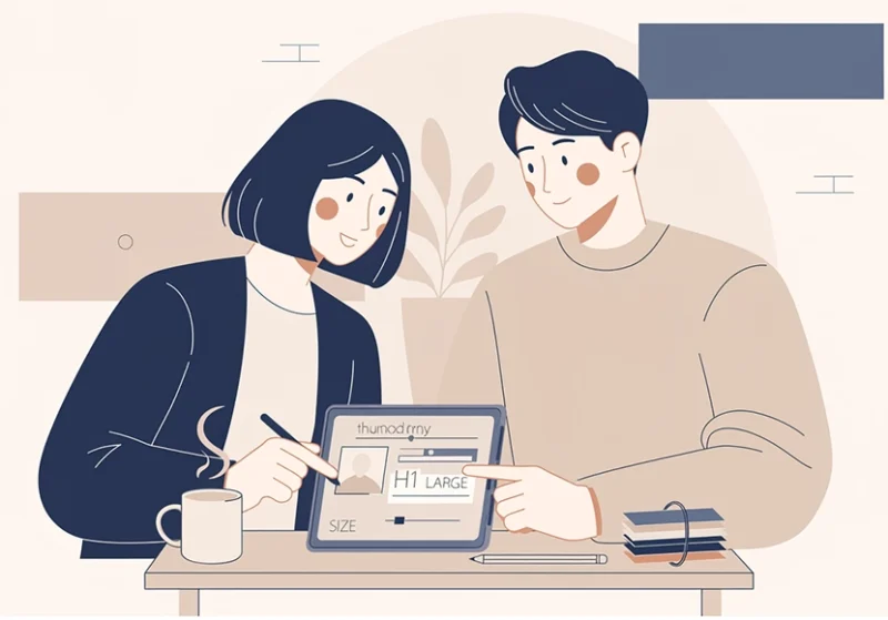 2人がタブレット画面を指差しながらデザインやレイアウトを一緒に確認しているイラスト