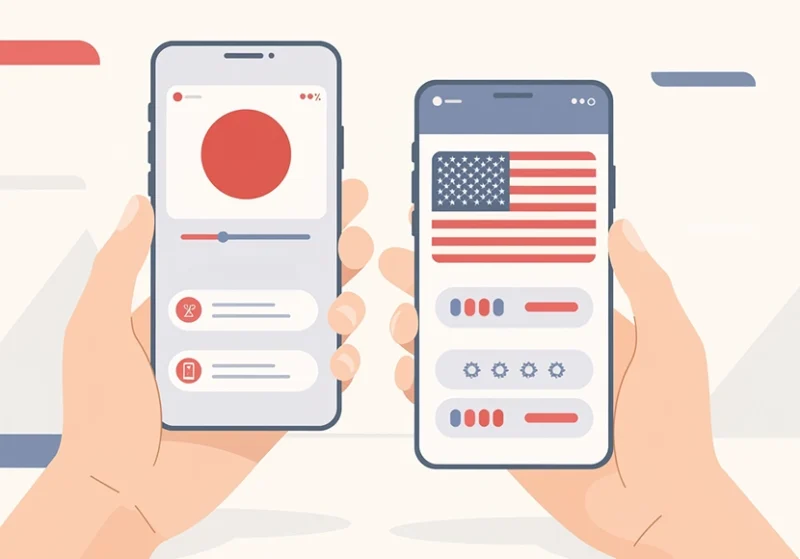 日本国旗と米国国旗が表示された2台のスマートフォンを持つ手のイラスト。日米のモバイルアプリを比較するイメージ。