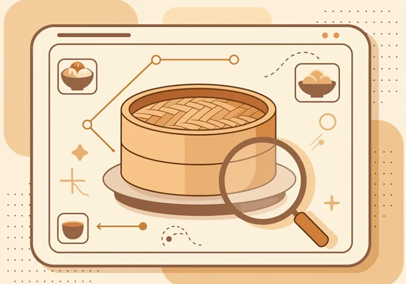 虫眼鏡と点線で結ばれた飲茶メニューの比較・検索を示すイラスト。蒸籠と複数の料理アイコンが描かれている。