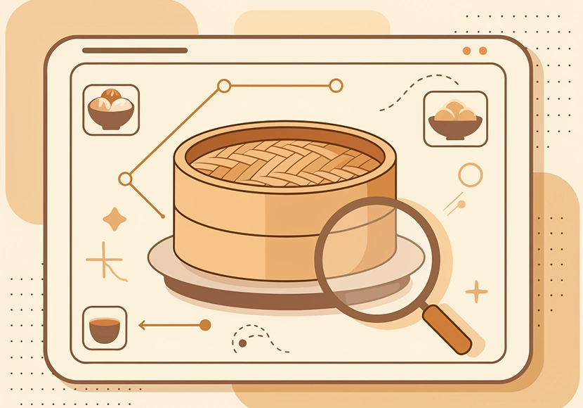 虫眼鏡と点線で結ばれた飲茶メニューの比較・検索を示すイラスト。蒸籠と複数の料理アイコンが描かれている。